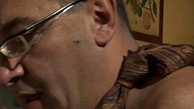 She gives old man oral, self-pleasures watching him with woman