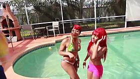 ebony and redhead sucking dicks at pool party
