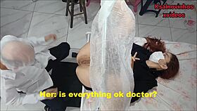 Depraved gynecologist doctor attends to young white woman with dirty talk.