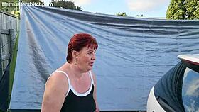 filthy kiwi milf pisses outdoors at campground.