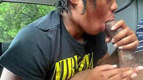 Ebony woman gives public head to monster big black cock with deepthroat in outdoor setting