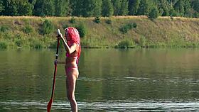 I flash my small tits in pink micro bikini at the beach, oops