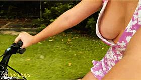 wife casually shows off her big tit cleavage in public during an outdoor dare