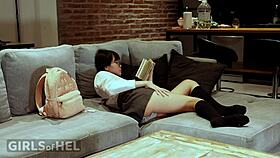 innocent asian babe wets her pussy with pink dildo