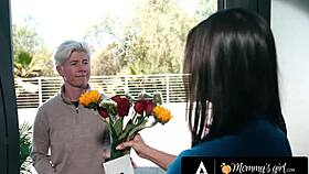 Milf in Lingerie Scissors with Nerdy Girl