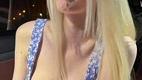 Busty blonde rides in car