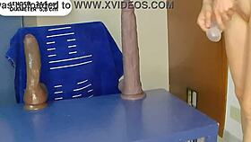 Tiny babe testing monster dildos for big orgasm