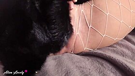 Hot Brunette In Fur Coat And Fishnet Pantyhose Masturbates Pussy Intensely