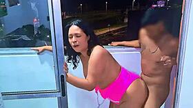 Latina Slut Fucking And Sucking Cock On Public Balcony! Wet Blowjob Frenetic Fuck Venezuelan Bitch!