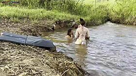 outdoor sex by the river with two hot girls sucking and cumming 😍