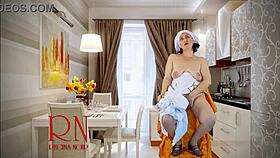 Behind the scenes, young maid sews dresses in college dorm for party