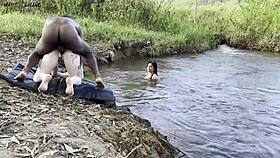 outdoor sex by the river with two hot girls sucking and cumming 😍