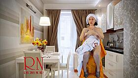 Behind the scenes, young maid sews dresses in college dorm for party