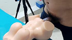 young man masturbates with sex toy in homemade roleplay