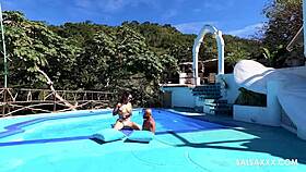 The tattooed latina gets freaky with monster cock by the pool