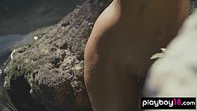 Skinny brunette milf flashes wet pussy outdoors