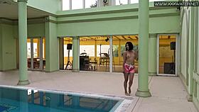 cute shy czech teen swims in pool with shorts