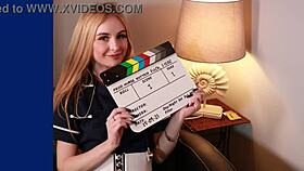 Horny nurse in uniform cums hard on the fucking machine at hospital