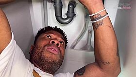 Slutty wife moans as black plumber fucks her wet pussy with huge cock.