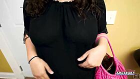 Busty brunette Harper B sucks cock before getting banged and jizzed in group fun