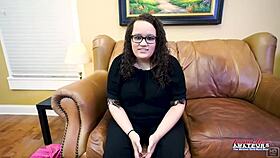 Busty brunette Harper B sucks cock before getting banged and jizzed in group fun