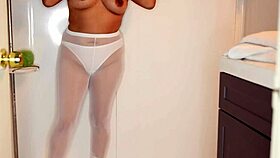 Latina strips off wet panties and jeans before stepping into the shower