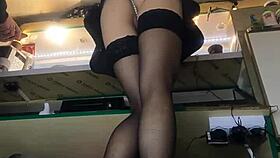 Sexy Milf With Long Legs And Big Pussy Lips Serves Guests In Mini Skirt Despite Winter Cold - Sexy Upskirt At Work