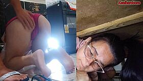 The man witnessed the woman's vulnerability as she was stuck under the sink.