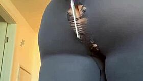 pawg stretching ripped pants with big ass tits