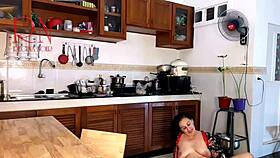 housewife in pantyhose gets orgasm cooking naked in kitchen