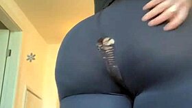 pawg stretching ripped pants with big ass tits
