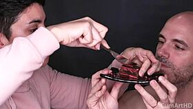 Amateur Brunette Swallows Cumshot on Food Fetish