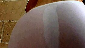 Gaping shaved pussy in stockings, titty fuck and anal riding on bed with monster cock