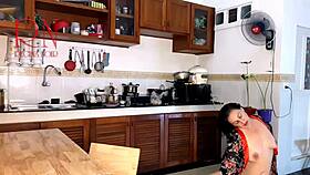 housewife in pantyhose gets orgasm cooking naked in kitchen
