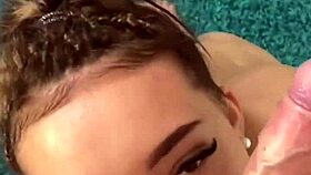 Petite brunette teen 18+ model with natural tits does rimming, deepthroat, and messy cum on face