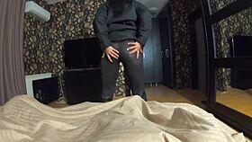 Milfycalla face fucks doggystyle and cums on long black winter jacket