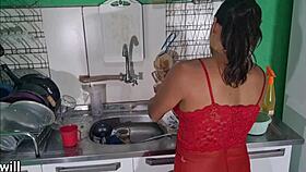 Why is the babe on all fours in the kitchen without condom?