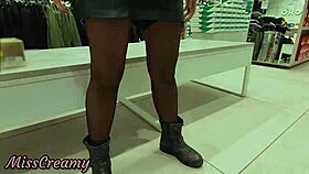 my exhibitionist friend without panties and with stockings in a shoe store