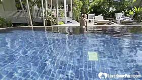 Hot babe swims and teases cock by pool