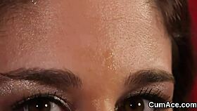 Spicy centerfold gets sperm load on her face swallowing all the charge