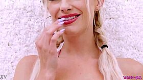 Radiant blonde girl showcases her sexy body