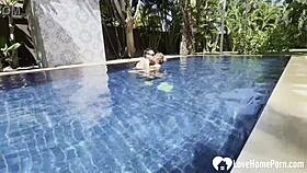 Hot babe swims and teases cock by pool