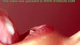 the experienced milf kneels down for a close-up blowjob, licking first then deepthroating until cum in mouth