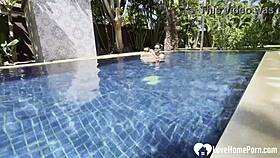 Hot babe swims and teases cock by pool