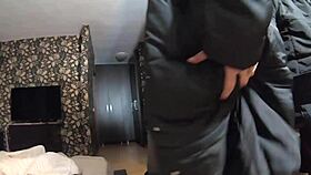 Milfycalla face fucks doggystyle and cums on long black winter jacket