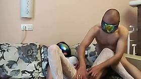 skinny wife in white stockings with open pussy hole