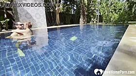 Hot babe swims and teases cock by pool