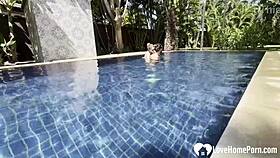 Hot babe swims and teases cock by pool