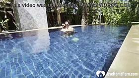 Hot babe swims and teases cock by pool