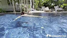 Hot babe swims and teases cock by pool